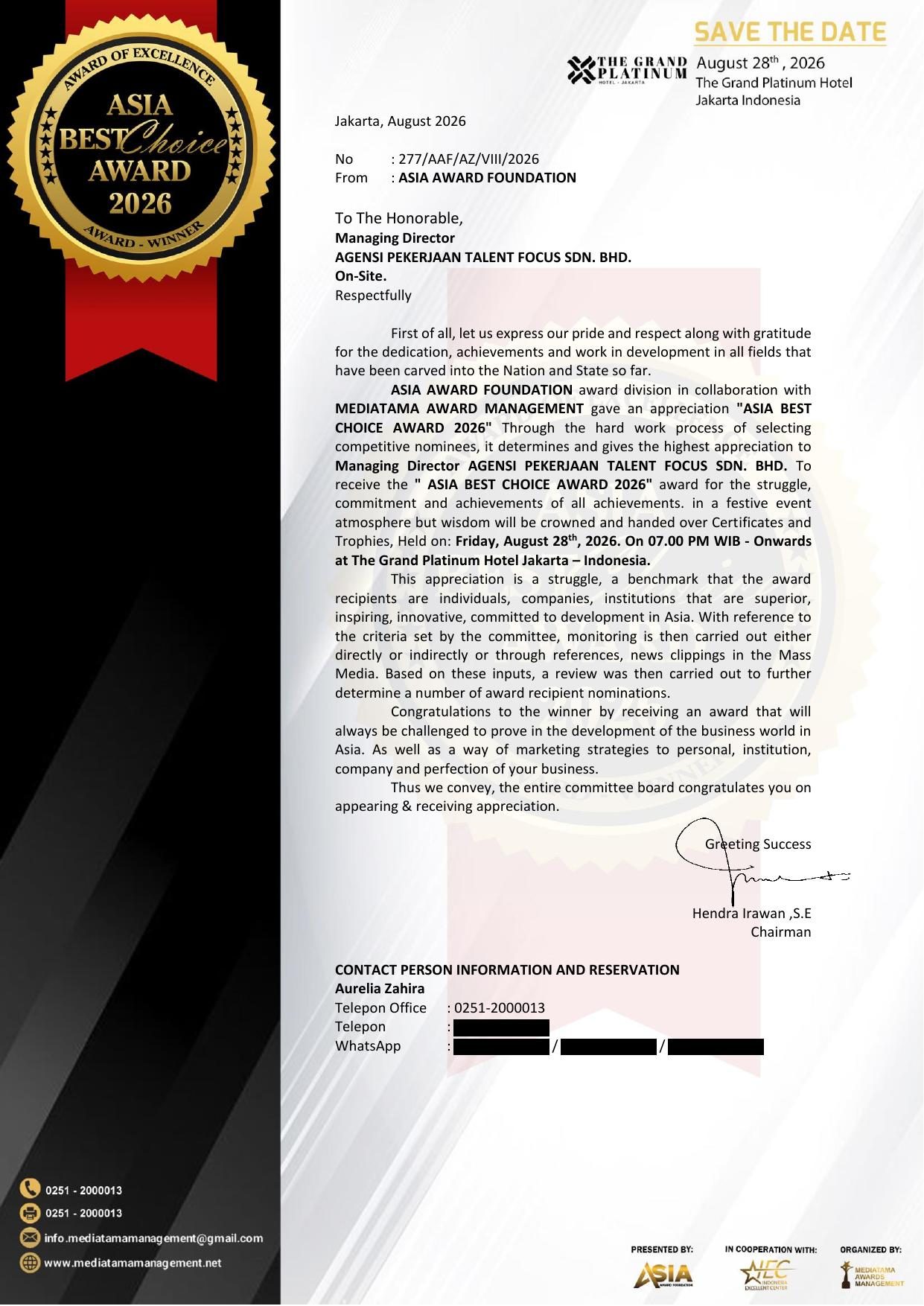 Official ASIA BEST CHOICE AWARD 2026 letter from the Asia Award Foundation addressed to the Managing Director of Agensi Pekerjaan Talent Focus Sdn. Bhd., reference number 277/AAF/AZ/VIII/2026